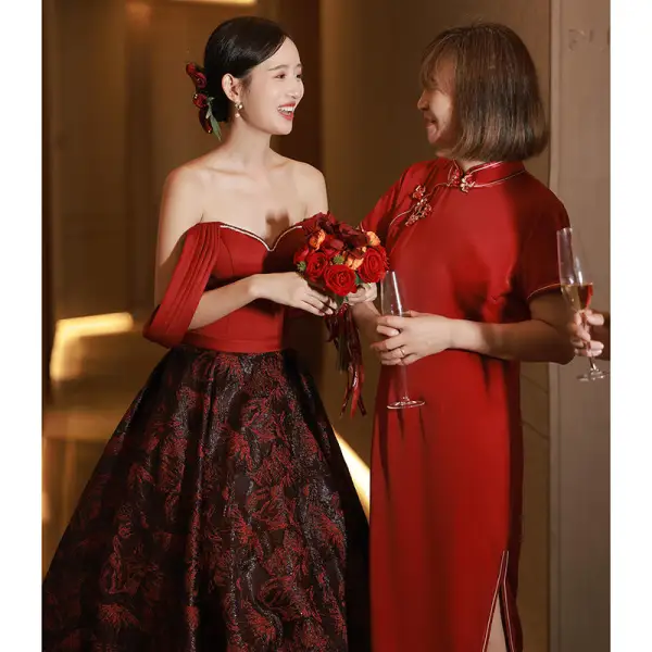 Vintage / Retro Burgundy Prom Dresses 2023 A-Line / Princess Off-The-Shoulder Sleeveless Backless Floor-Length / Long Prom Formal Dresses