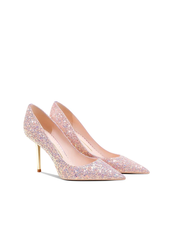 Glitzernden Rosa Pailletten Leder Brautschuhe 2024 8 cm Stilettos Spitzschuh Hochzeit Pumps Hochhackige