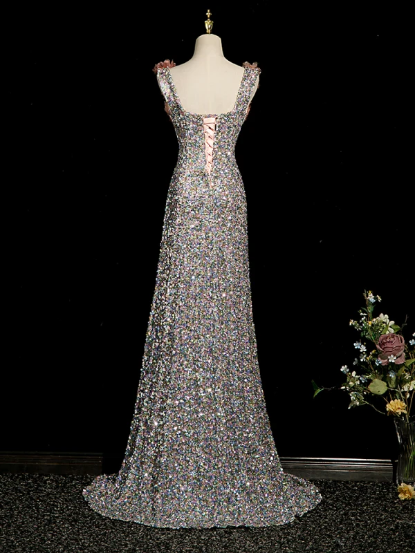 Scintillantes Rougissant Rose Appliques Paillettes Robe De Bal 2023 Princesse Encolure Carrée Sans Manches Dos Nu Train De Balayage Promo Robe De Ceremonie