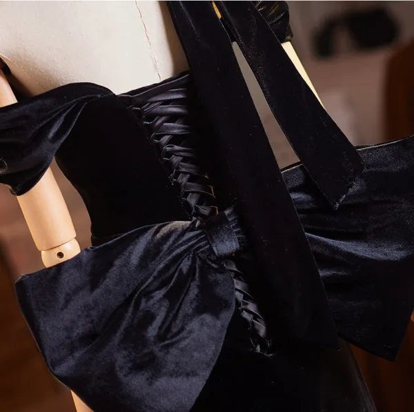 Sexy Black Sequins Velvet Evening Dresses 2026 Trumpet / Mermaid Off-The-Shoulder Short Sleeve Backless Bow Floor-Length / Long Evening Party Formal Dresses