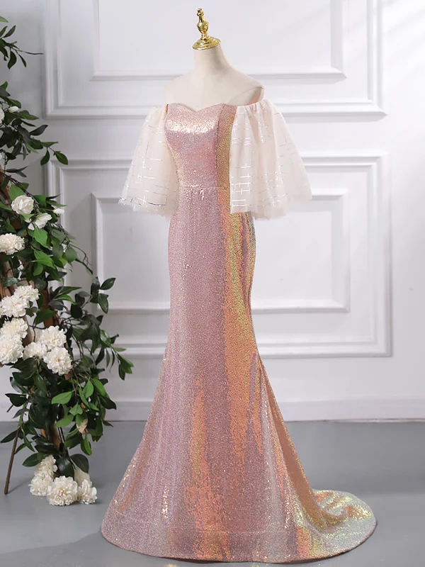 Scintillantes Rougissant Rose Glitter Paillettes Robe De Soirée 2024 De l'épaule Trompette / Sirène Manches Courtes Dos Nu Longue Soirée Robe De Ceremonie