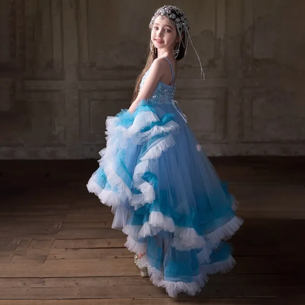 Charmant Himmelblau Perlenstickerei Pailletten Geburtstag Fallende Rüsche Blumenmädchenkleider Ballkleid 2025 Spaghettiträger Ärmellos Rückenfreies Asymmetrisch