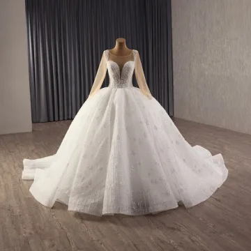 Luxe Blanche Fait Main Perlage Paillettes Perle Robe De Mariée 2025 Robe Boule Encolure Dégagée Manches Longues Chapel Train Mariage