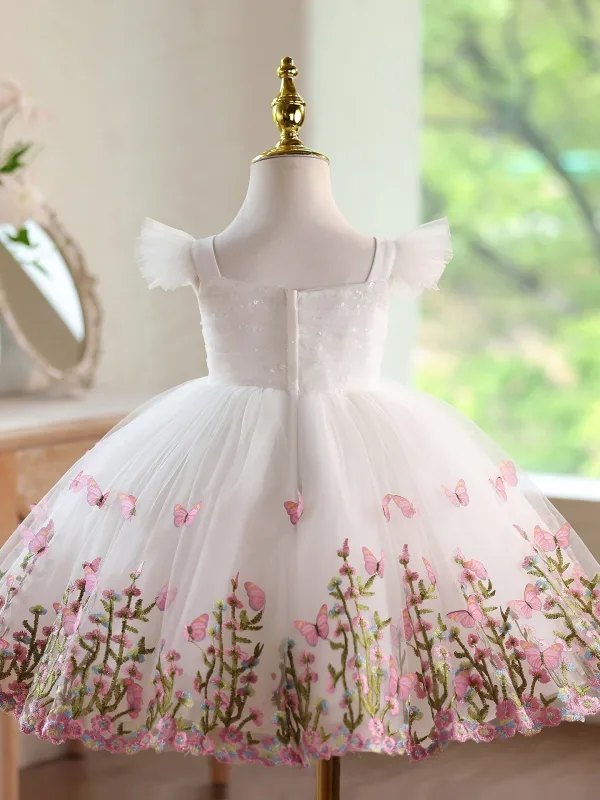 Fée Des Fleurs Blanche Perlage Paillettes En Dentelle Fleur Courte Anniversaire Robe Ceremonie Fille 2026 Robe Boule Encolure Carrée Mancherons Dos Nu Tulle