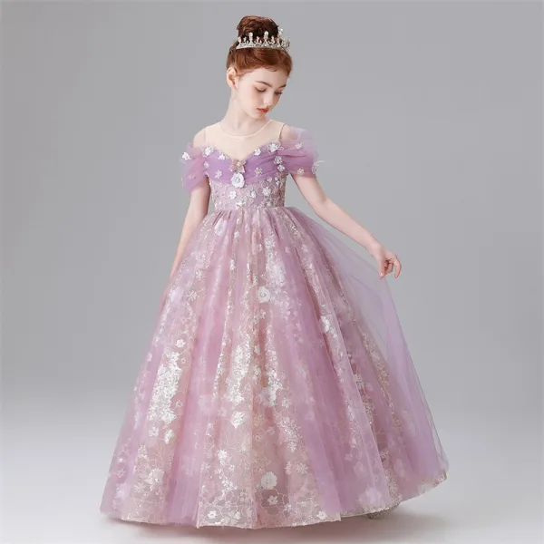 Chic / Beautiful Lavender Pearl Sequins Lace Flower Birthday Flower Girl Dresses 2025 Ball Gown Scoop Neck Short Sleeve Floor-Length / Long