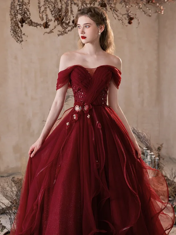 Chic / Belle Bordeaux Appliques Paillettes Volants en Cascade Robe De Bal 2025 Princesse De l'épaule Manches Courtes Dos Nu Longue Robe De Ceremonie