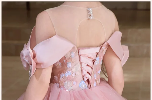 Lovely Blushing Pink Beading Pearl Sequins Appliques Birthday Flower Girl Dresses 2025 Ball Gown Scoop Neck Short Sleeve Backless Floor-Length / Long