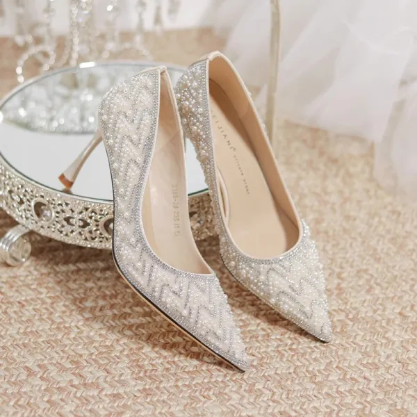 Charming Silver Beading Pearl Rhinestone Wedding Shoes 2024 7 cm Stiletto Heels Pointed Toe Wedding Pumps High Heels
