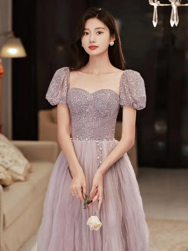 Chic / Beautiful Lilac Sequins Prom Dresses 2022 A-Line / Princess Strapless Puffy Short Sleeve Backless Floor-Length / Long Prom Formal Dresses