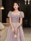 Chic / Beautiful Lilac Sequins Prom Dresses 2022 A-Line / Princess Strapless Puffy Short Sleeve Backless Floor-Length / Long Prom Formal Dresses