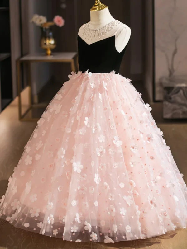 Chic / Beautiful Blushing Pink Appliques Birthday Flower Girl Dresses 2025 Ball Gown Scoop Neck Sleeveless Floor-Length / Long Tulle