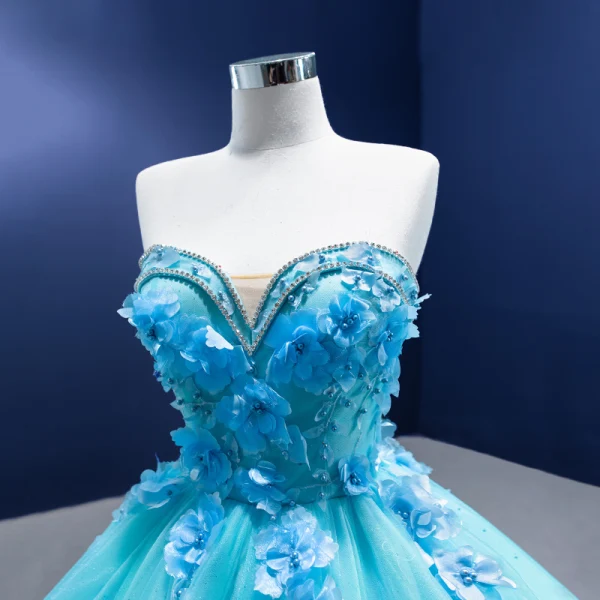 Fashion Pool Blue Pearl Rhinestone Appliques Prom Dresses 2022 Ball Gown Strapless Sleeveless Floor-Length / Long Formal Dresses