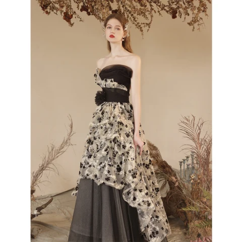 Fashion Black Flower Summer Evening Dresses 2023 A-Line / Princess Strapless Sleeveless Backless Floor-Length / Long Evening Party Formal Dresses