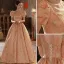 Chic / Beautiful Blushing Pink Beading Pearl Prom Dresses 2022 Ball Gown Square Neckline Puffy Short Sleeve Backless Floor-Length / Long Prom Formal Dresses