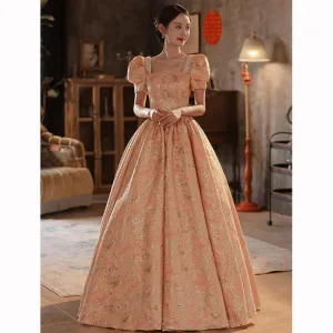 Chic Belle Rougissant Rose Perlage Perle Robe De Bal 2022 Robe Boule Encolure Carrée Gonflée Manches Courtes Dos Nu Longue Promo Robe De Ceremonie