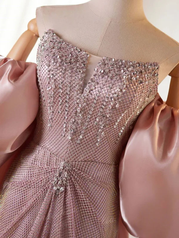 Luxe Rougissant Rose Faux Diamant Paillettes Robe De Bal 2026 Trompette / Sirène Bustier Gonflée Manches Courtes Dos Nu Train De Balayage Robe De Ceremonie