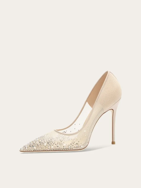 Charmant Nude Rhinestone Bruidsschoenen 2025 Leer 10 cm Naaldhakken / Stiletto Spitse Neus Huwelijk Pumps Hoge Hakken