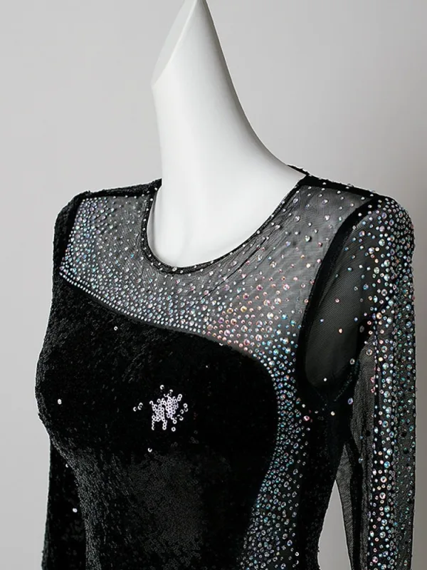 Sparkly Black Sequins Rhinestone Evening Dresses 2026 Trumpet / Mermaid Scoop Neck 3/4 Sleeve Floor-Length / Long Formal Dresses