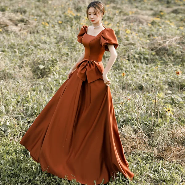 Vintage / Retro Brown Satin Prom Dresses 2022 A-Line / Princess Square Neckline Puffy Short Sleeve Backless Bow Floor-Length / Long Prom Formal Dresses