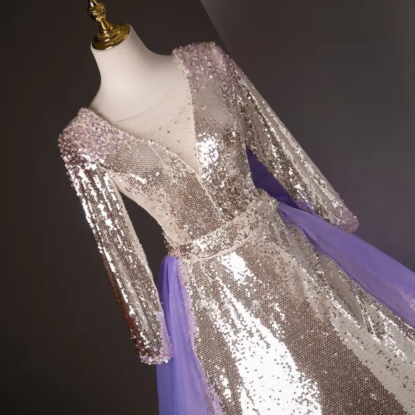 Sparkly Silver Sequins Prom Dresses 2025 Ball Gown V-Neck Long Sleeve Backless Floor-Length / Long Formal Dresses