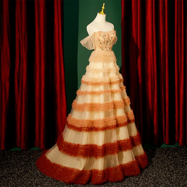 Haut de Gamme Champagne Plissée Robe De Soirée 2023 Princesse Encolure Carrée Manches Courtes Dos Nu Longue Promo Robe De Ceremonie
