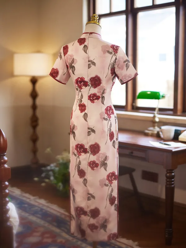 Vintage / Retro Chinese style Blushing Pink Printing Evening Party Cheongsam 2025 Trumpet / Mermaid High Neck Short Sleeve Floor-Length / Long