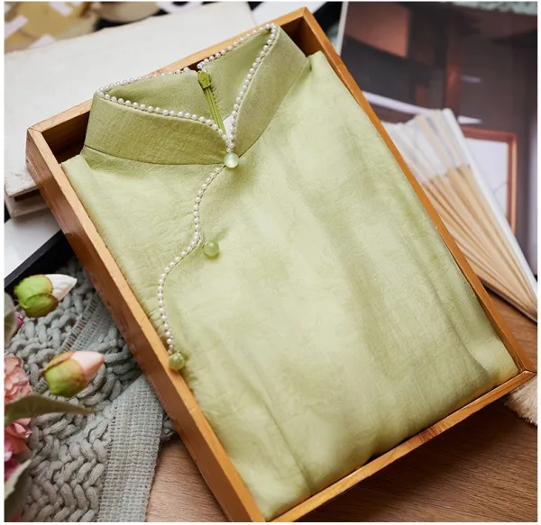 Chinese style Sage Green Knee-Length Cheongsam 2024 Trumpet / Mermaid High Neck Short Sleeve