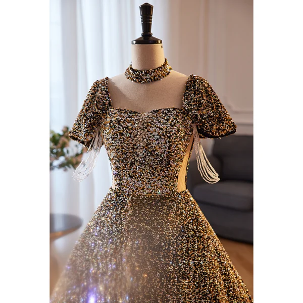 Scintillantes Multi-Couleurs Faux Diamant Paillettes Robe De Bal 2023 Encolure Carrée Princesse Manches Courtes Dos Nu Longue Promo Robe De Ceremonie