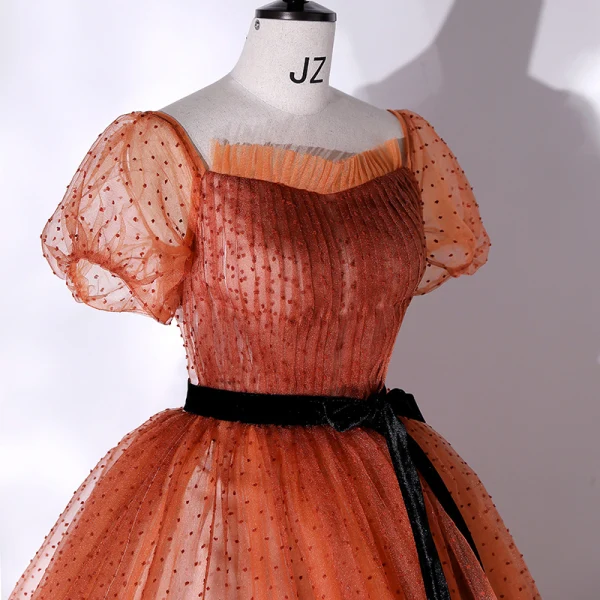 Elegante Orange Geflecktes Ballkleider 2022 Ballkleid Eckiger Ausschnitt Kurze Ärmel Rückenfreies Schleife Stoffgürtel Lange Festliche Kleider