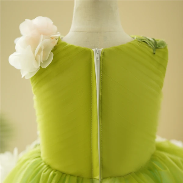 Flower Fairy Sage Green Lace Flower Appliques Asymmetrical Flower Girl Dresses 2024 Birthday Ball Gown V-Neck Sleeveless Tulle