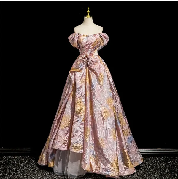 Fashion Blushing Pink Beading Prom Dresses 2025 A-Line / Princess Off-The-Shoulder Short Sleeve Backless Floor-Length / Long Formal Dresses