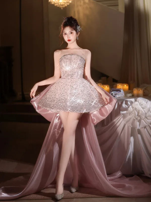Sexy Blushing Pink Rhinestone Sequins Short Party Dresses 2026 Ball Gown Strapless Sleeveless Backless Bow Cocktail Party Evening Party Formal Dresses Sexy Blushing Pink Rhinestone Sequins Short Party Dresses 2026 Ball Gown Strapless Sleeveless Backless Bow Cocktail Party Evening Party Formal Dresses