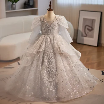 Vintage Retro Grey Beading Pearl Sequins Cascading Ruffles Flower Girl Dresses 2024 Ball Gown Birthday Scoop Neck Long Sleeve Backless Floor Length Long