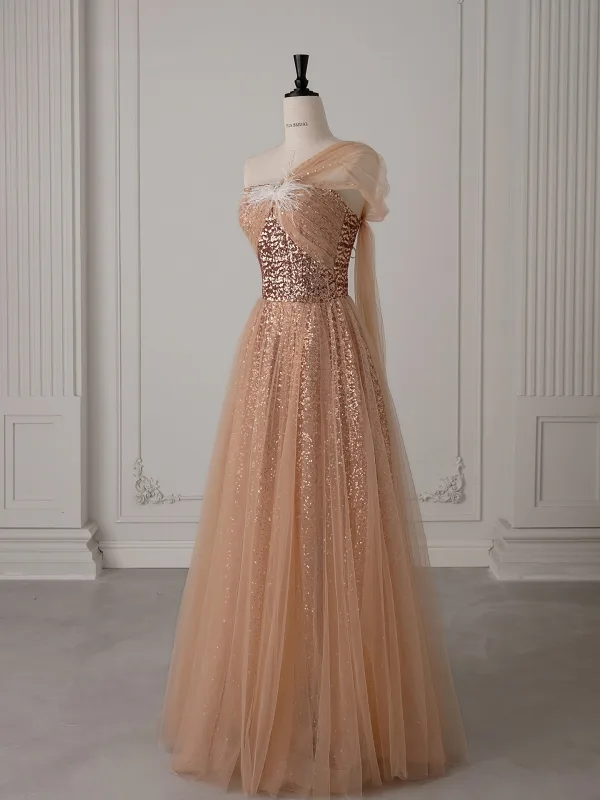 Scintillantes Champagne Paillettes Robe De Bal 2025 Princesse Une épaule Manches Courtes Dos Nu Longue Robe De Ceremonie
