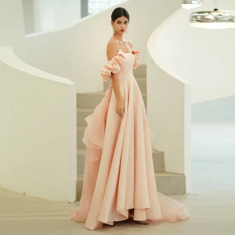 Élégant Rougissant Rose Organza Promo Robe De Bal 2022 Princesse Bustier Sans Manches Dos Nu Longue Robe De Ceremonie