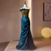 Vintage / Retro Ink Blue Split Front Prom Dresses 2024 Trumpet / Mermaid Strapless Sleeveless Backless Sweep Train Prom Formal Dresses