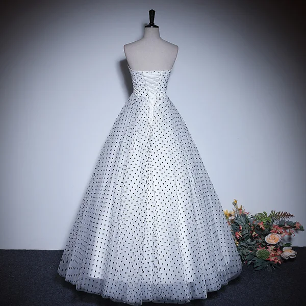 Fashion White Spotted Prom Dresses 2023 A-Line / Princess Off-The-Shoulder Short Sleeve Backless Floor-Length / Long Prom Formal Dresses