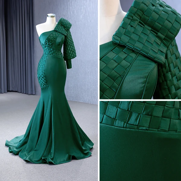 Vintage / Originale Haut de Gamme Vert Foncé Robe De Soirée 2023 Trompette / Sirène Une épaule Manches Longues Dos Nu Fermeture Éclair Sur Le Côté Train De Balayage Soirée Robe De Ceremonie