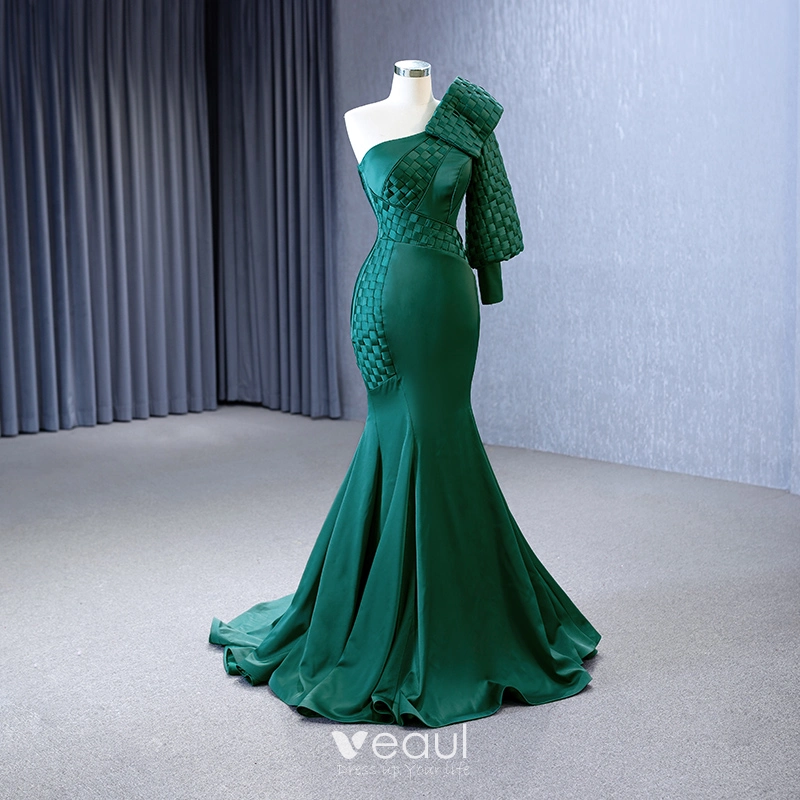 Vintage / Retro High-end Dark Green Evening Dresses 2023 Trumpet / Mermaid  One-Shoulder Long Sleeve Backless Zipper Up at Side Sweep Train Evening  Party Formal Dresses