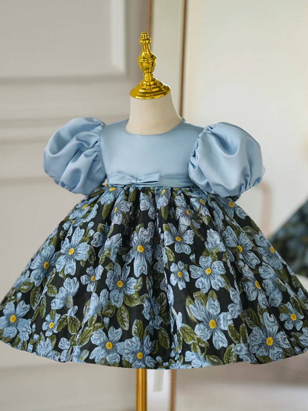 Chic / Belle Bleu Ciel Anniversaire Impression Courte Robe Ceremonie Fille 2023 Robe Boule Encolure Dégagée Gonflée Manches Courtes
