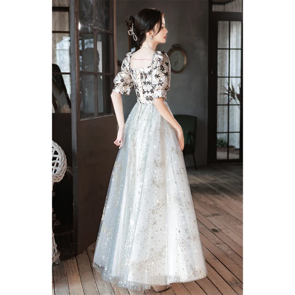 Fashion Grey Star Sequins Prom Dresses 2023 A-Line / Princess Square Neckline Short Sleeve Backless Floor-Length / Long Prom Formal Dresses