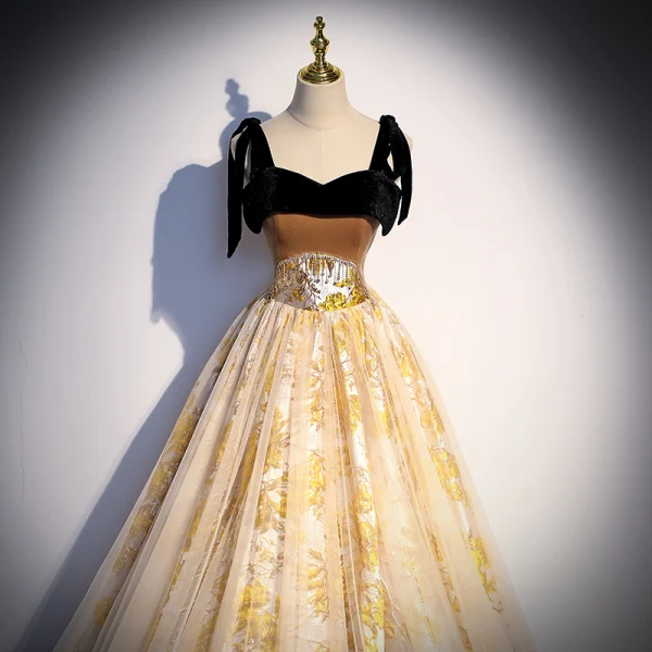 Charming Champagne Prom Dresses 2022 A-Line / Princess Spaghetti Straps Rhinestone Tassel Sleeveless Backless Floor-Length / Long Formal Dresses