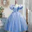 Élégant Bleu Ciel Anniversaire Robe Ceremonie Fille 2022 Robe Boule Perle Encolure Dégagée Gonflée Manches Courtes Ceinture Noeud Longue Robe Ceremonie Fille