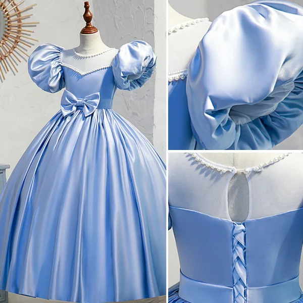 Élégant Bleu Ciel Anniversaire Robe Ceremonie Fille 2022 Robe Boule Perle Encolure Dégagée Gonflée Manches Courtes Ceinture Noeud Longue Robe Ceremonie Fille