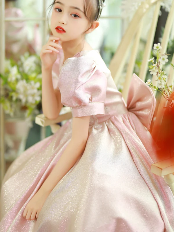 Lovely Blushing Pink Satin Birthday Flower Girl Dresses 2022 A-Line / Princess Scoop Neck Short Sleeve Beading Sequins Bow Floor-Length / Long