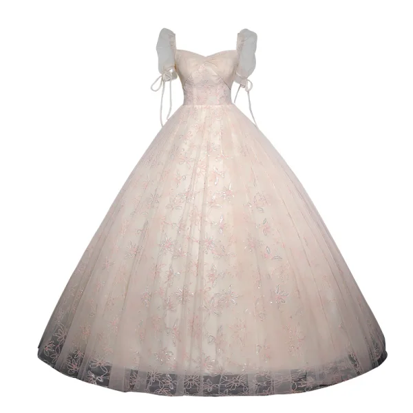 Elegant Champagne Printing Prom Dresses 2023 Ball Gown Square Neckline Short Sleeve Backless Floor-Length / Long Prom Formal Dresses