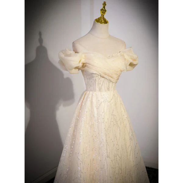 Charmant Bling Bling Champagne Paillettes Robe De Bal 2023 Princesse De l'épaule Manches Courtes Dos Nu Longue Promo Robe De Ceremonie