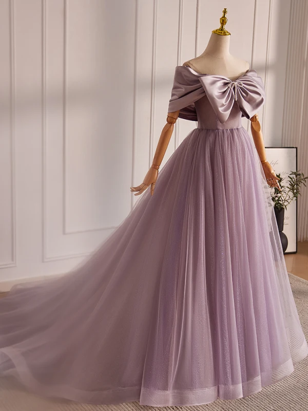 Elegant Lavender Beading Bow Prom Dresses 2024 Ball Gown Off-The-Shoulder Short Sleeve Backless Floor-Length / Long Formal Dresses