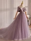 Elegant Lavender Beading Bow Prom Dresses 2024 Ball Gown Off-The-Shoulder Short Sleeve Backless Floor-Length / Long Formal Dresses