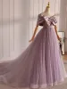 Elegant Lavender Beading Bow Prom Dresses 2024 Ball Gown Off-The-Shoulder Short Sleeve Backless Floor-Length / Long Formal Dresses
